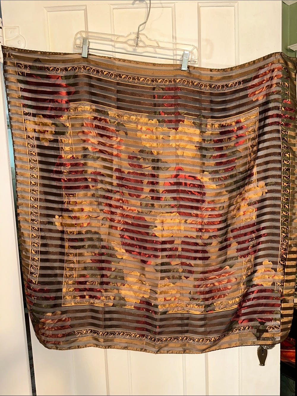 Vtg Very Large Liz Claiborne Floral Stripe Sheer Scarf in Burgundy & Gold